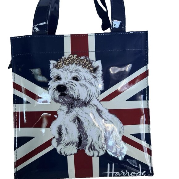 HARRODS LONDON PVC Shopping Tote Bag White Westie Terrier Blue Multicolor Small - Picture 1 of 6